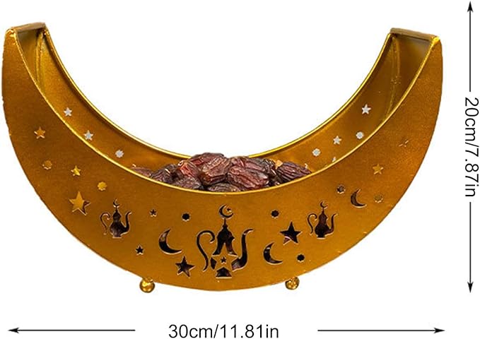 Eid Mubarak Moon Star Tray, Ramadan Decoration Ramadan Trays, Muslim Wooden Plate Tray Moon Star Shaped Food Fruit Serving Tray, Eid Mubarak Dessert Tray for Ramadan Festival Party(Golden A2)
