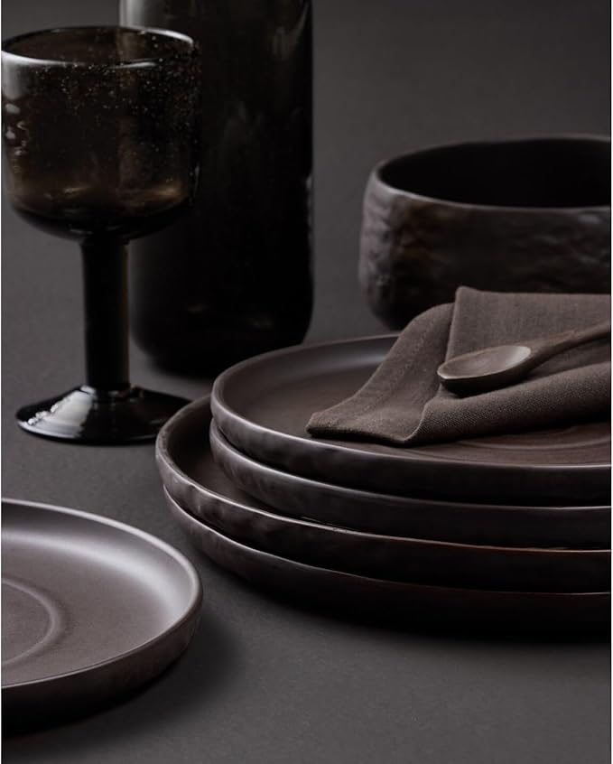 Stone by Mercer Project SHOSAI 16-Piece Stoneware Dinnerware Set, Plates and Bowls Set, Modern Dishware set fo 4, Black