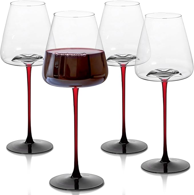 LEMONSODA Concave Champagne & Wine Glasses - Modern Red Stem & Black Bottom for Sparkling Wine, Rosé, Prosecco, Champagne – Handcrafted Barware, Perfect for gift (16oz, Set of 4)