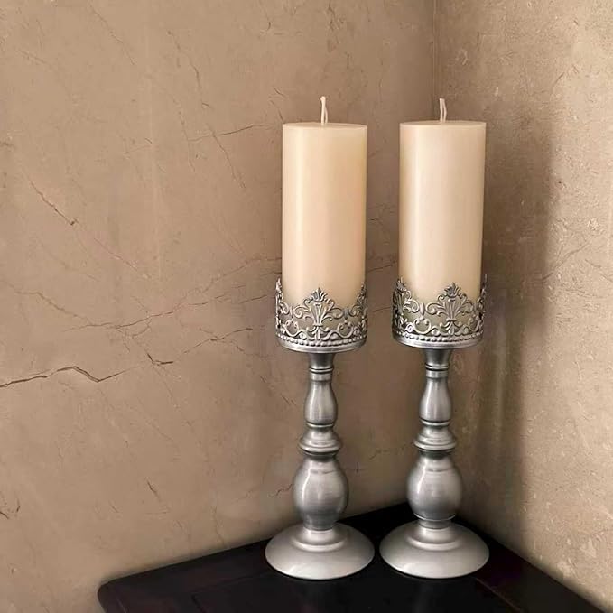 Candle Holders for Pillar Candles Gothic Matte Black Vintage Tall Candle Holders Set of 2 Decorative Large Table Centerpieces Candle Stand Decor (Pearl Silver 2PCS A)
