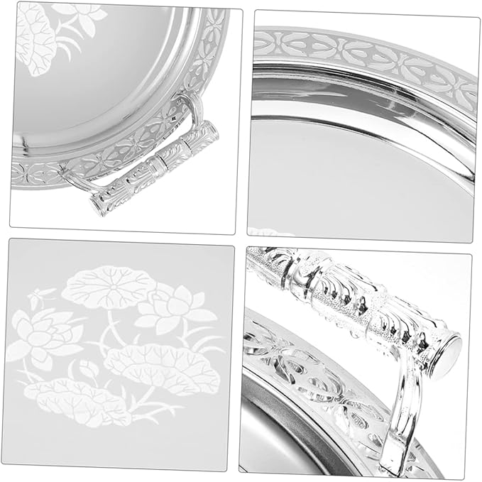 VOSAREA Antique Silver Serving Tray Round Fruit Plate Bread Plate Storage Dish for Home