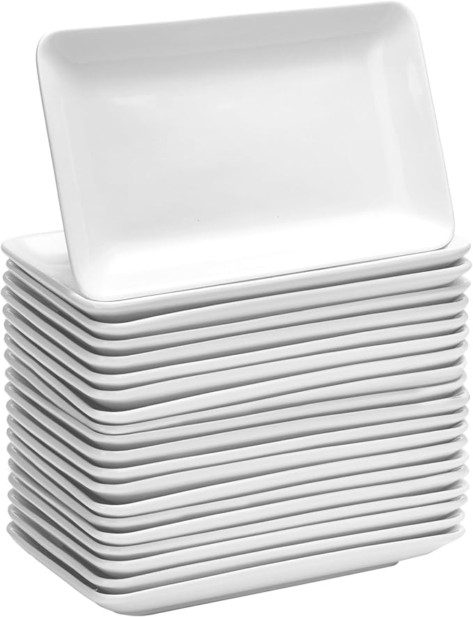 Irenare 20 Pcs 8 Inch Rectangular Salad Plates White Rectangular Porcelain Dessert Plates Appetizer Serving Tray Porcelain Platters for Fruit Sushi Dinner Parties, Microwave, Oven Safe