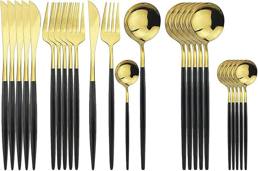Gold Silverware Set, 24-Piece Stainless Steel Flatware Set Service For 6, Mirror Polished Black Handle Tableware Cutlery Set Knife Fork And Spoon For Home & Restaurant, Dishwasher Safe