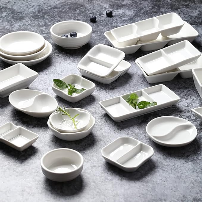 GSHLLO 2 Pcs Ceramic Divided Sauce Dishes 2 Compartments Appetizer Dish Dipping Sauce Bowls Side Dish Plates Soy Sauce Trays for Home Kitchen Restaurant