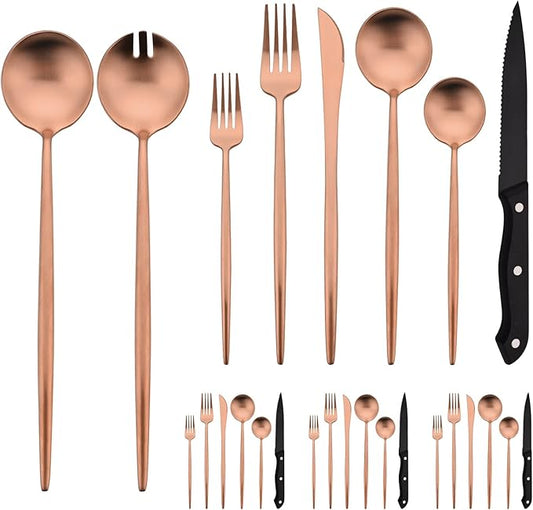 Copper Silverware Set with Serving Utensils, Uniturcky 26 Pieces Flatware Set with Steak Knives Service for 4, Kitchen Cutlery Sets with Long Handle Serving Fork and Spoon, Satin Finish
