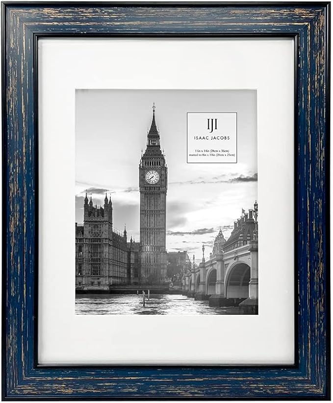 Isaac Jacobs 11x14 (Matted 8x10) Navy w/Gold (Vertical & Horizontal) Double Border Picture Frame, Wall-Mountable, Made for Photo Gallery and Wall Art, Home or Office (11x14, Navy W/Gold)