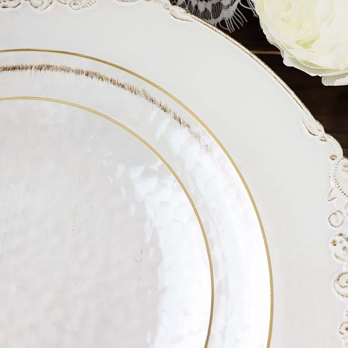 Efavormart 10 Pack | Clear Hammered 7" Round Plastic Dessert Appetizer Plates With Gold Rim, Disposable Salad Party Plate