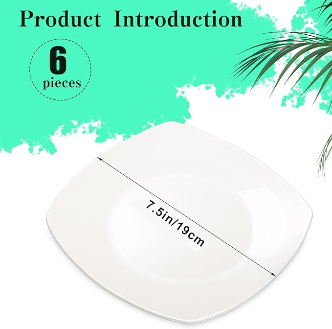 Blcculi 7.5'' Porcelain Dinner Plates,Set of 6 Square Dinner Plates,Porcelain Dessert Plate,White Square Serving Plate for Salad, Pasta, Steak,Snacks
