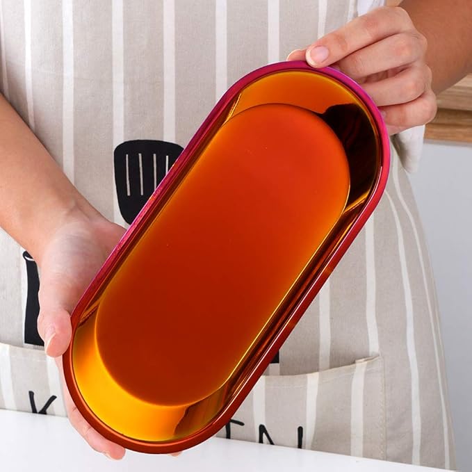 Buyer star Orange Red 2PCS 9inch Stainless Steel Oval Tray Fruit Trays Storage Tray Dish Plate Cosmetics Jewelry Decorative Organizer