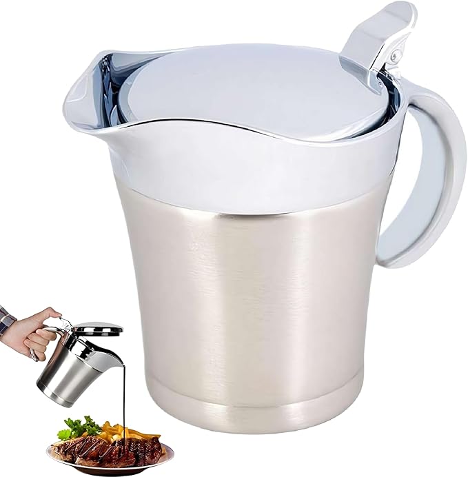 Stainless Steel Gravy Boat with Lid – 450ml Double Wall Insulated Sauce Jug for Gravy, Cream & Custard, Drip-Free Pour Spout for Thanksgiving, Home or Restaurant Use (Silvery)