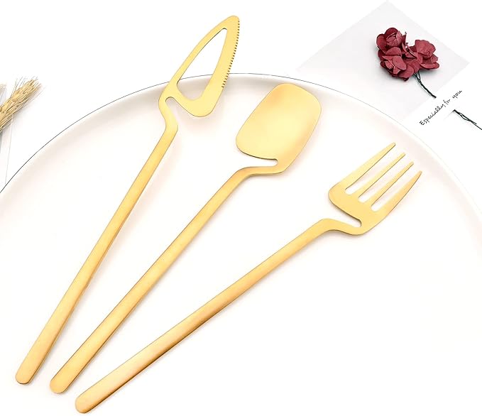 24-Pieces Hangable & Cute 18/10 Stainless Steel Flatware Set, Matte Cutlery Set Kitchen Dinnerware Include Knife/Fork/Spoon/Teaspoon Service for 6, Gold