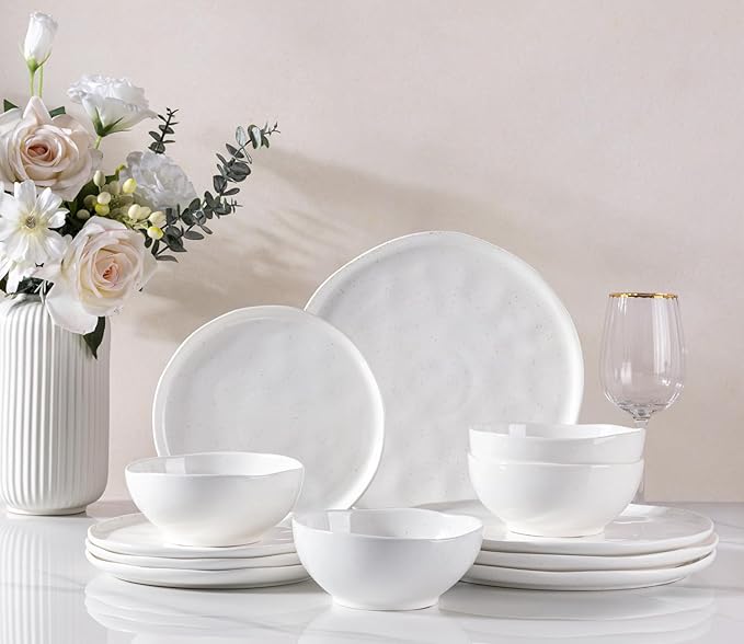 GBHOME Ceramic Dinnerware Sets for 4, 12 Pieces Porcelain Lightweight Plates and Bowls Sets, Scratch Resistant Dish Set, Oven & Microwave & Dishwasher Safe, White Speckled