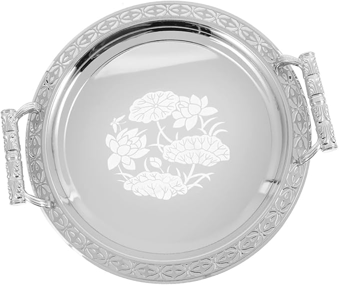VICASKY European Style Pattern Fruit Serving Tray Silver Decorative Candy Storage Tray for Kitchen and Home Stainless Steel and Plastic Snack Holder for Parties and Daily Use
