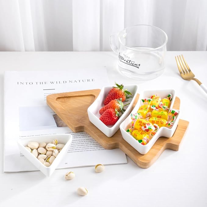 10.8 Inch White Snack Appetizer Trays Set, Small Christmas Tree Dessert Serving Dishes, Snack Platter, 3 pcs Removable White Porcelain Plates with Bamboo Tree Tray