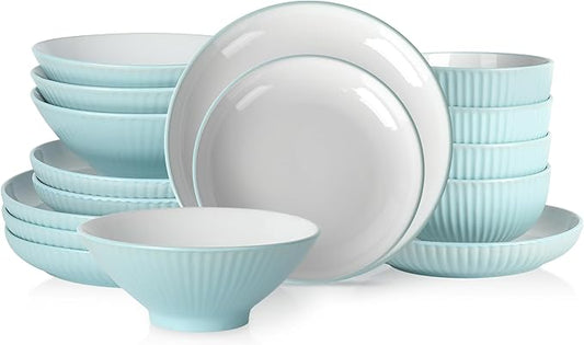 Christian Siriano Lustra Modern 16-Piece Stoneware Dinnerware Set, Plates and Bowls Set, Dinner and Salad Plates, Ramen Bowls, Dishes for 4, Teal