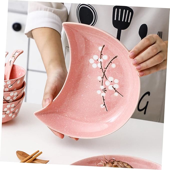 2pcs Moon Disk Food Storage Dipping Sauce Dishes Salad Plate Moon Tray Ring Dish Holder Appetizer Plates Tableware Organizer Cosmetic Tray Sushi Ceramics Seafood Pink