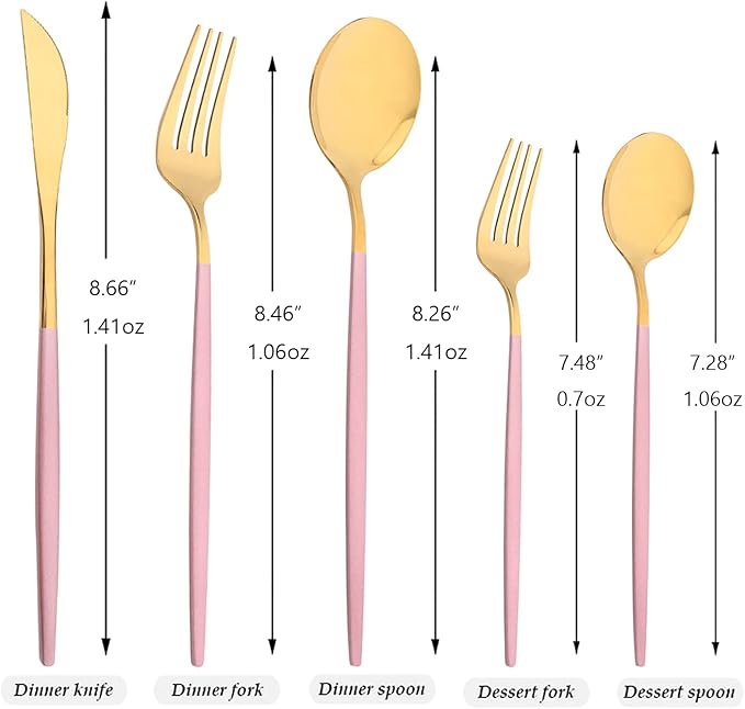 30-Piece Snplowum Mirror Flatware Serving Set, 18/0 Stainless Steel Dinnerware With Pink Handle, Modern Durable Home Kitchen Eating Tableware Set Service For 6 (Pink Gold)