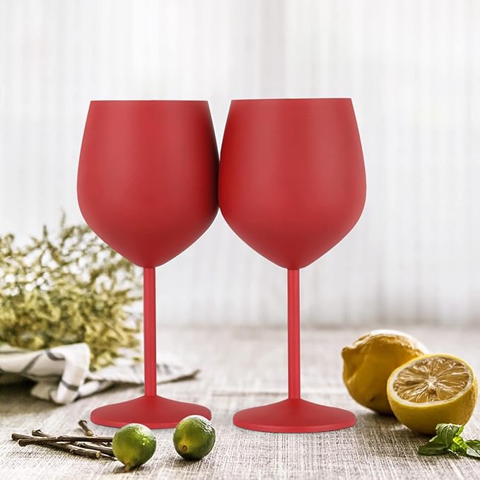 Lifecapido Stainless Steel Wine Glasses Set of 4, 18oz Stainless Steel Wine Goblets, Stemmed Metal Wine Glasses with Cup Brush for Party Office Wedding Anniversary, Great for Red White Wine (Red)