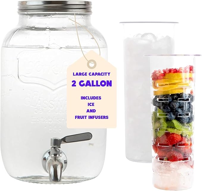 2 Gallon Glass Beverage Dispenser with Ice and Fruit Infusers, Stainless Steel Spigot and Metal Lid, Wide Mouth Mason Jar Drink Dispenser, for Iced Tea, Kombucha Brewing and more