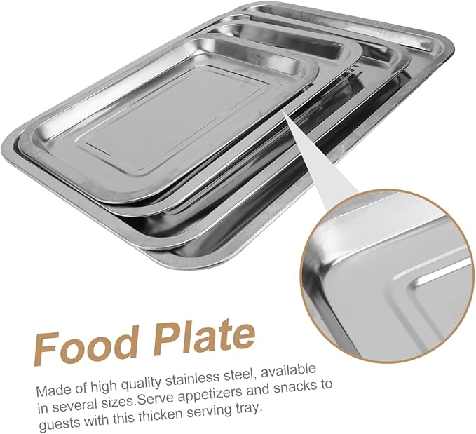 4pcs Stainless Steel Bread Tray Fruit Plate Cake Serving Plate Silver Tray for Home Dining