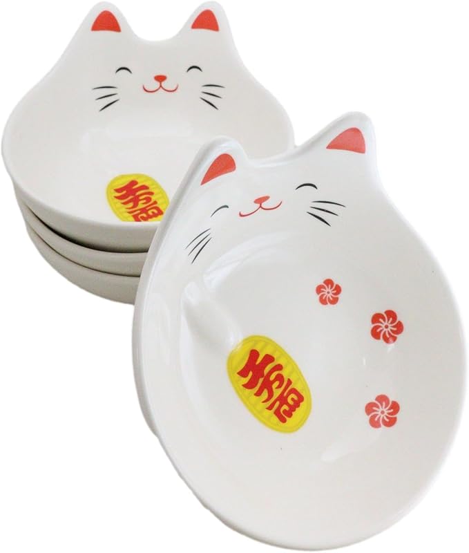 Ebros Gift Pack Of 4 Maneki Neko Lucky Cat Small 4.75" D Appetizer Snack Serving Coupe Plates Dish Flat Bowls For Hors D'oeuvres Sushi Ice Cream Serveware