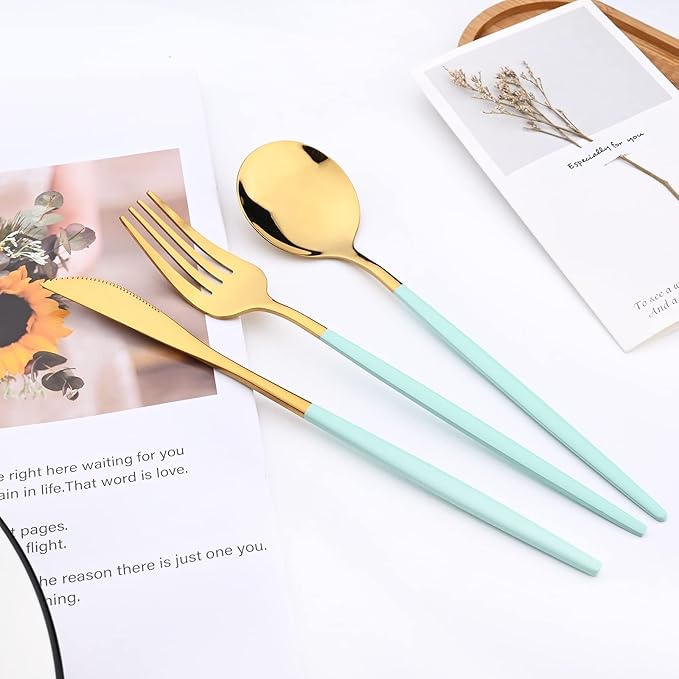 40 Pcs Silverware Set With Teaspoon For 10, Food Grade Stainless Steel Utensils Tableware Set, Elegant & Simple Flatware Serving Set Include Knife Fork Spoon, Mirror (Mint Green Gold)