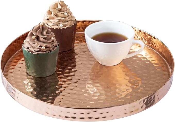 MyGift 11 Inch Deluxe Hammered Copper Kithchen Accessories Tray - Aluminum Plated Copper Platter and Vanity Tray - Handcrafted in India