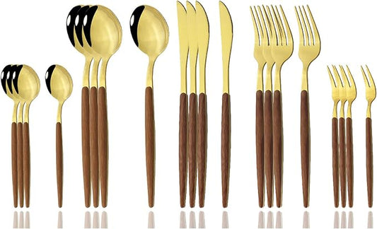 JASHII 20 Pieces Wood Stainless Steel Cutlery Set Wooden Handle Flatware Set Knife Fork Spoon, Kitchen Utensil Service for 4, Mirror Polished - Gold