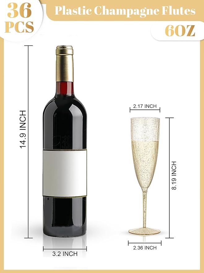 WDF 36-Pack Plastic Champagne Flutes - Gold Glitter Champagne Glasses Disposable - Perfect for Thanksgiving, Weddings, Birthday, Bridal Showers