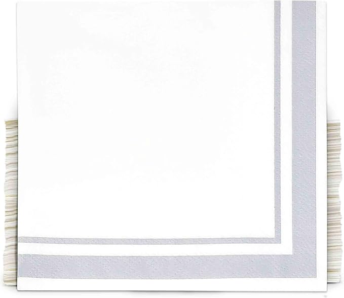 Gift Boutique Gray and White Cocktail Napkins – 120 Pack 5 x 5 Inch 3-Ply Disposable Lined Beverage Napkins for Parties, Weddings, Anniversaries, Events, and Special Occasions