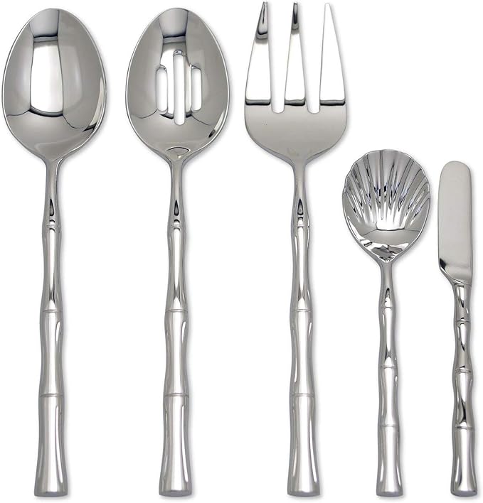 UPware 45-Piece Bamboo Shaped Flatware Set, 18/8 Stainless Steel Silverware Cutlery Set, Service for 8 with Serving Set, Mirror Polished, Dishwasher Safe (Bamboo)