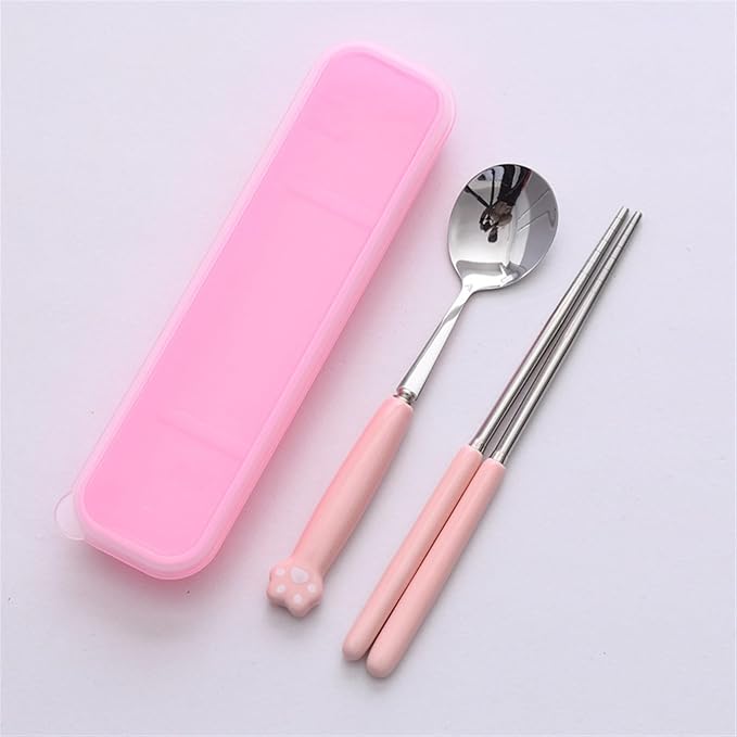Cute Silverware Set, Cat Paw Ceramic Handle Dinnerware Set Flatware Kitchen Accessories Camping Travel Sets Fork Spoon Chopstick Portable Cutlery Sets with Case, Black Pink Blue Yellow Green