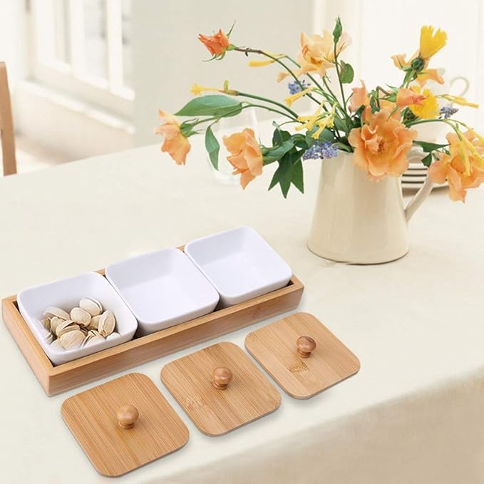 GLOGLOW Plate Dishware Ceramic Appetizer Serving Plate with Tray Cover, 3-Compartment Design, White, 11.02x4.02x1.61 Inches, for Snacks and Desserts Storage Supplies (Three compartments with lid)
