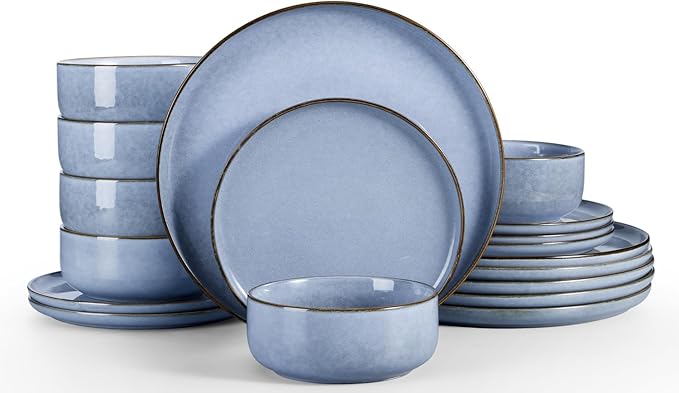 Herogo 18-Piece Stoneware Dinnerware Sets for 6, Stackable Dinner Plates and Bowls Sets, Double Reactive Glaze Dishware Place Setting for Kitchen, Scratch Resistant, Microwave Safe, Haze Blue