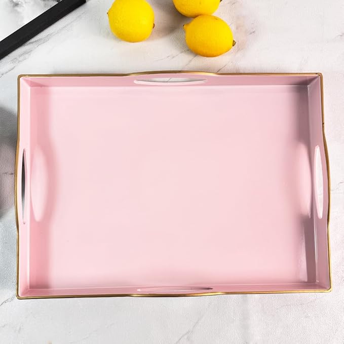 Pink Serving Tray with 4 Handles, Plastic Decorative Tray for Coffee Table, Ottoman - Ideal for Living Room & Bathroom. 15” x 11” x 1.9”