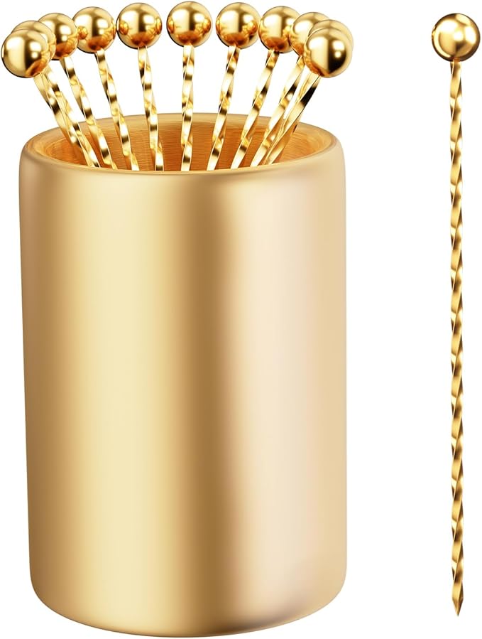 Metal Cocktail Picks 12Pack+Holder Kit, 304 Stainless Steel Toothpicks, Reusable Cocktail Skewers, Garnish Picks Bloody Mary Skewers, Martini Picks for Olives Appetizers Fruit (Thread Gold)