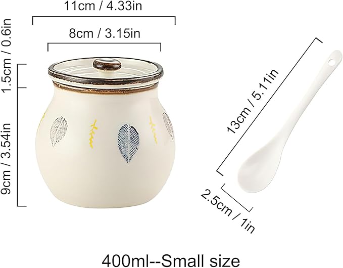 Ceramic Salt and Sugar Bowl, Porcelain Condiment Jars with Lid and Spoon, Seasoning Spice Pot Bowl, Salt Sugar Pepper Storage Jar, 400ml, Leaves