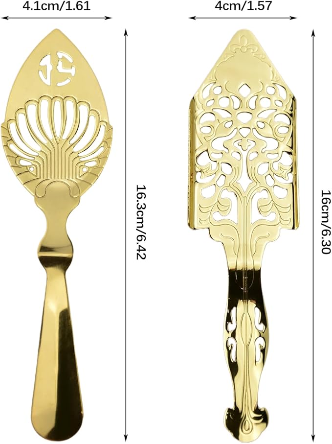 Flylin 2 Pcs Stainless Steel Absinthe Spoons, Vintage Style Absinthe Dripper with 2 Types, Ice Cube Mesh Filter Wormwood Spoon Strainer Spoon for Bar Cocktail Tea Coffee (Gold)