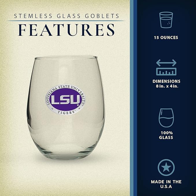 Heritage Pewter LSU Tigers Stemless Glass Goblets – Set of 2 | 15 OZ Goblet Wine Glasses | Expertly Crafted Pewter Glass
