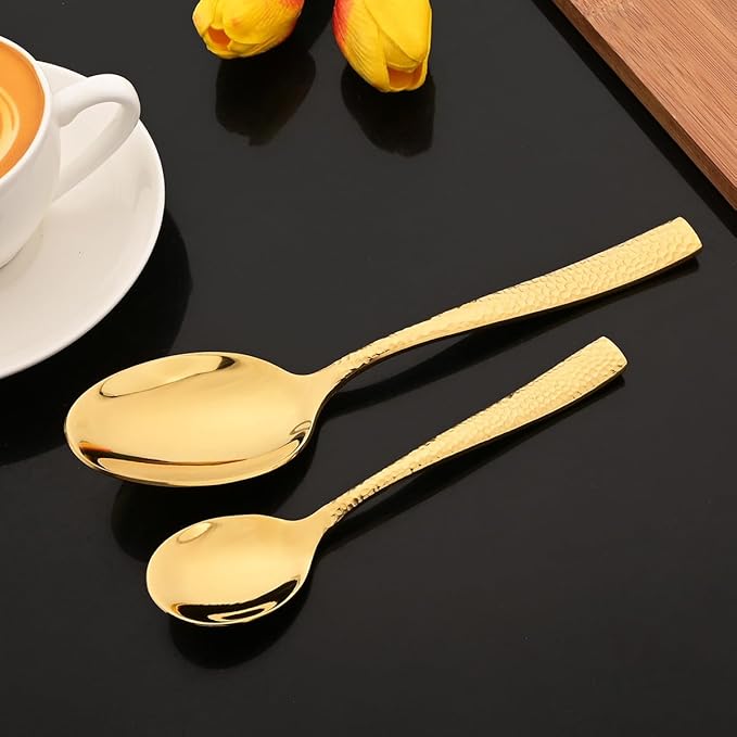 JASHII 5-Piece Gold Hammered Flatware Hostess Set Stainless Steel Serving Fork Slotted Serving Spoon Butter Knife Teaspoon Set for Buffet Party Mirror Polished Dishwasher Safe