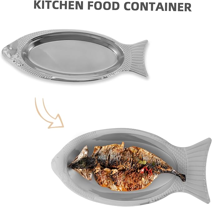 IMIKEYA 1Pc Fish Shaped Dish Stainless Steel Plate Food Tray for Steaming Serving Unique Concave Fishtail Design with Polishing for Kitchen Dining