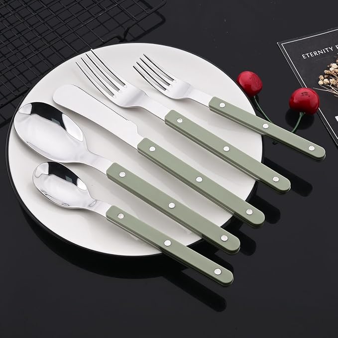 JASHII Silverware Flatware Set 20 Pieces Stainless Steel With Rivet Retro Cutlery Set Knife Fork Spoon Set Service for 4 for Home Restaurant Wedding - Green Handle