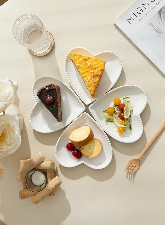 OMAYKEY 7.5 Inch Ceramic Dessert Plates Set of 10, Porcelain Salad Plates, Heart Shaped Appetizer Plates, Small Dinner Plates for Cake, Snack, Ice Cream, Microwave, Oven, Dishwasher Safe, White