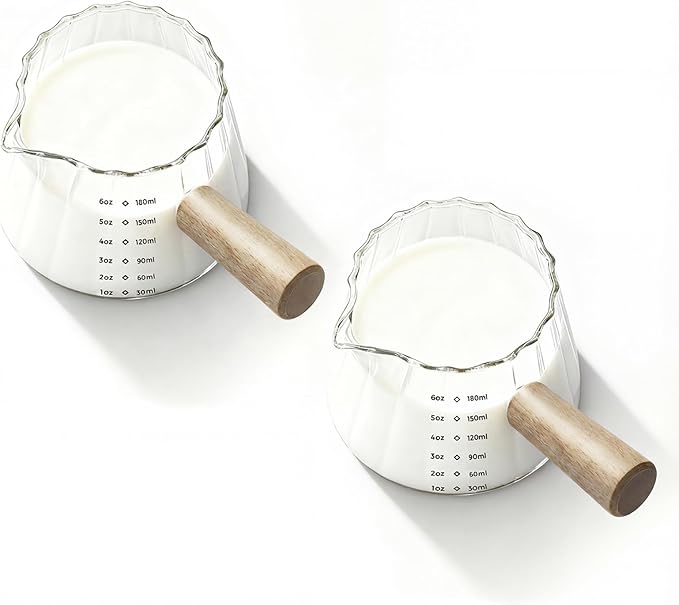 YARRAMATE 2 Pack 6 oz/180ML Glass Measuring Cup with Wooden Handle – Espresso Shot Cups, Ribbed Milk Frothing Pitcher, Dual Scale Markings, V-Shaped Mouth for Easy Pouring, Dishwasher Safe