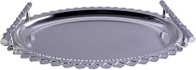 14.6 inch x 11 inch Oval Chrome Plated Silver Serving Tray with Handles Stylish Design Floral Plant Engraved Edge Party Birthday Dessert Buffet Platter Plate FST-084