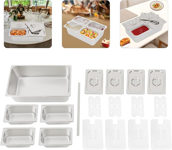 4 Pans Ice Food Serving Display Container, Stainless Steel Serving Tray Catering Supplies Buffet Display Condiment Dispenser Plate Case with Acrylic Replaceable Lids for Restaurant Hotel Kitchen