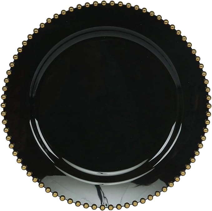 8" Salad Plates - Set of 20 - Plastic Black Gold Round Disposable Dessert Appetizer Plate Beaded Rim, Ideal for Dinner Party Wedding Bulk Events