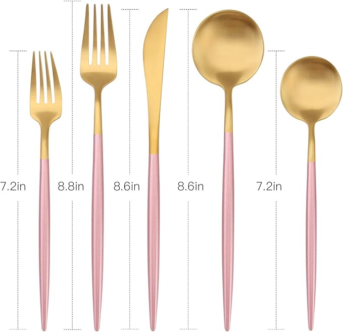 Bysta 5-Piece Stainless Steel Flatware Set, Matte Gold Silverware Set with pink handle, Kitchen Utensil Set Service for 1, Tableware Cutlery Set for Home and Restaurant, Dishwasher Safe