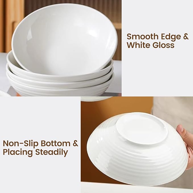 33 oz Ceramic Pasta Bowls, 7" White Pasta Plates, Large Serving Bowls Set of 4, Wide & Shallow, for Serving Salad, Soup, Noodle, Cereal, Microwave & Dishwasher Safe