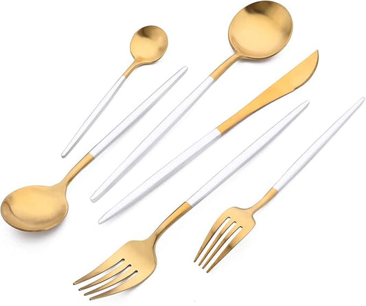 24-piece Snplowum Matte Gold Tableware, 18/10 Stainless Steel Utensils Heavy Serving Set With White Handle For Dinner & Dessert Home Restaurant Flatware Set, Service For 4 (White Gold)